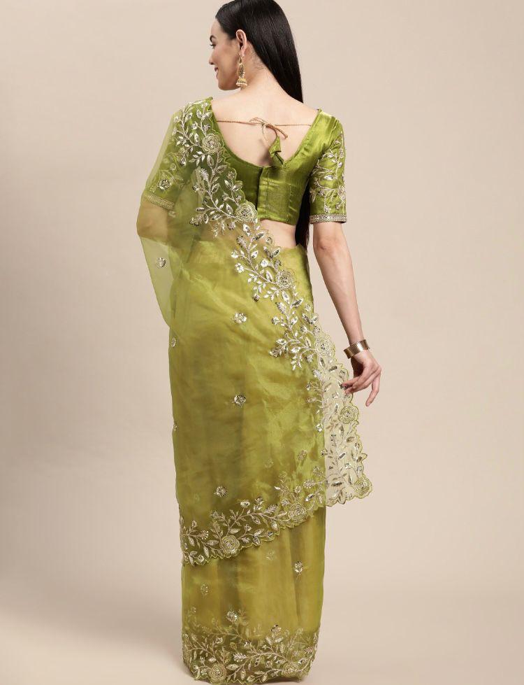 Gorgeous Green Color Embroidery Work Organza Silk Saree