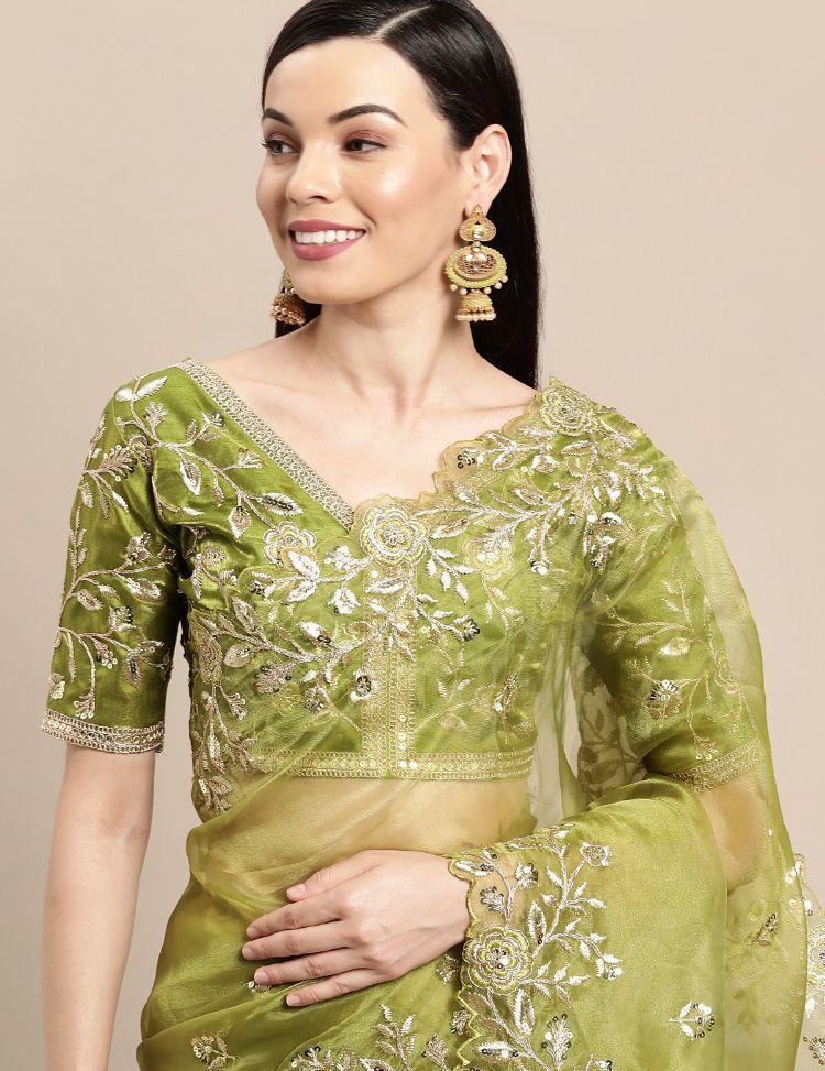 Gorgeous Green Color Embroidery Work Organza Silk Saree