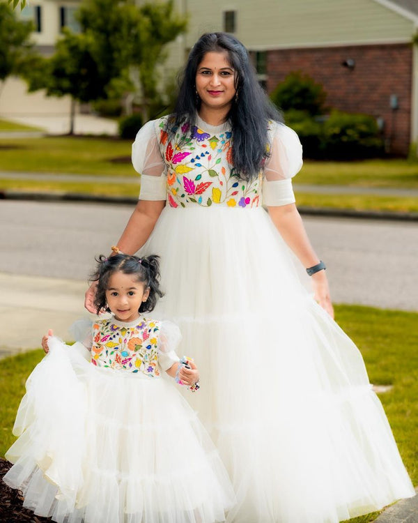 White Color Beautiful Mother Daughter Gown