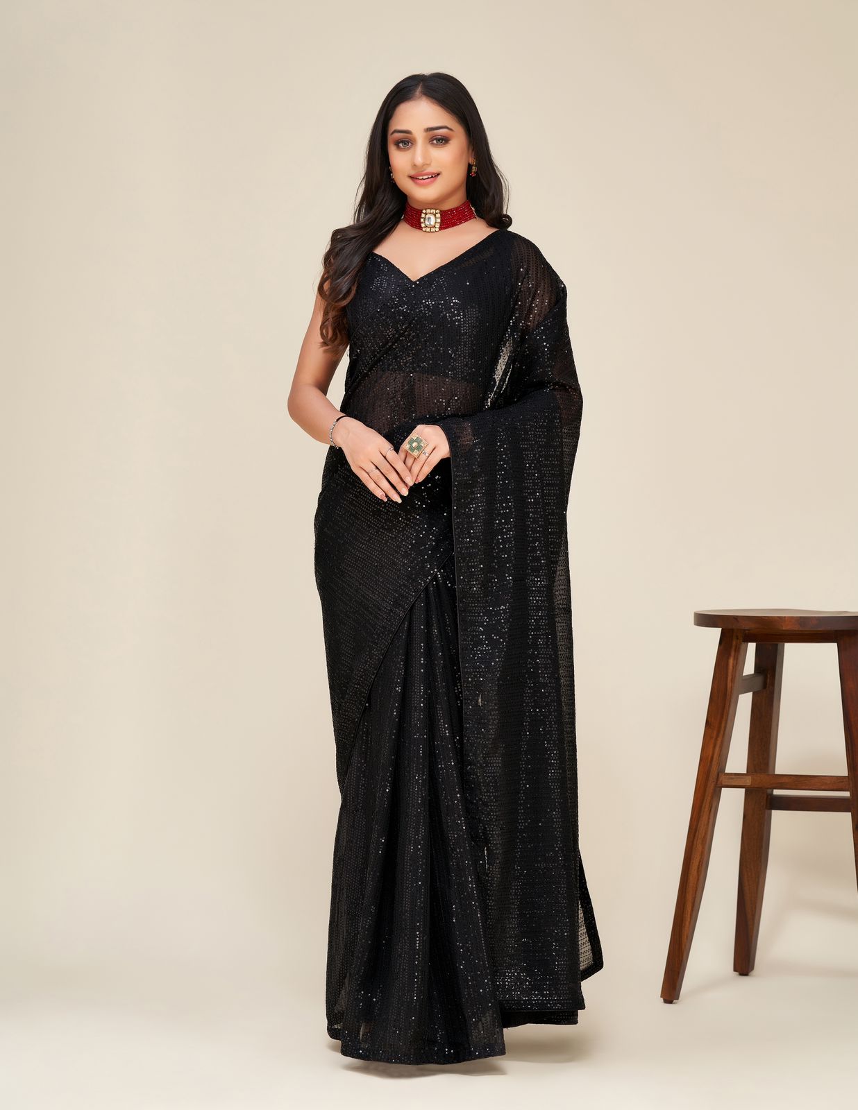 Shining Black Color Sequence Work Saree