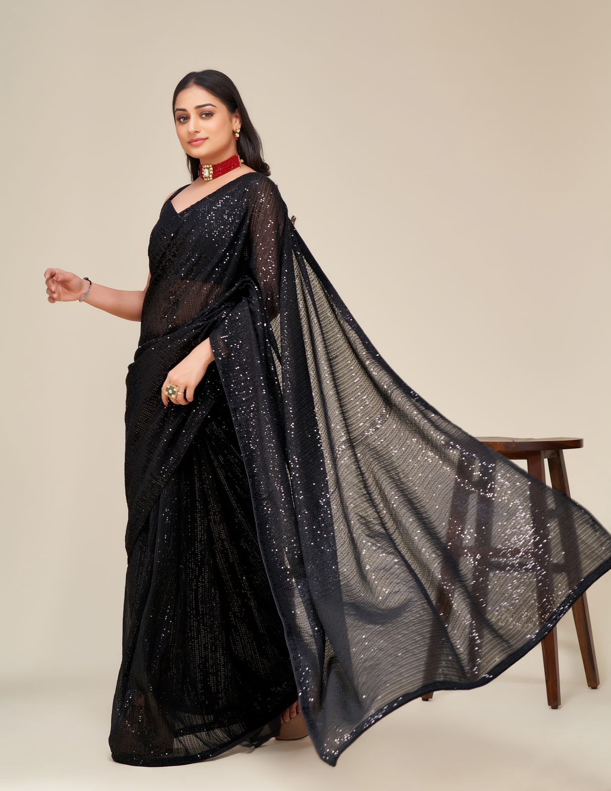 Shining Black Color Sequence Work Saree