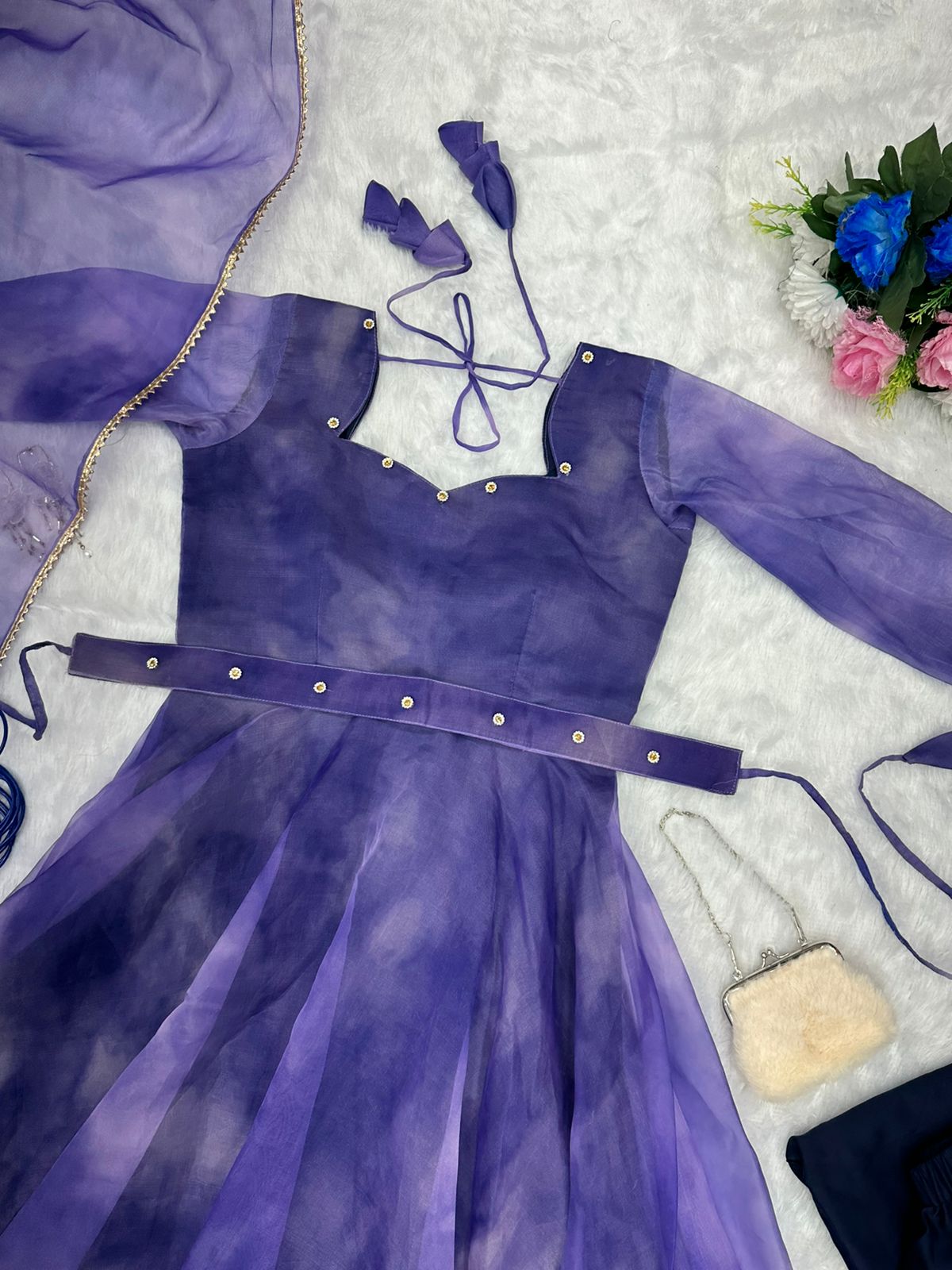 Organza Purple Color Gown With Belt