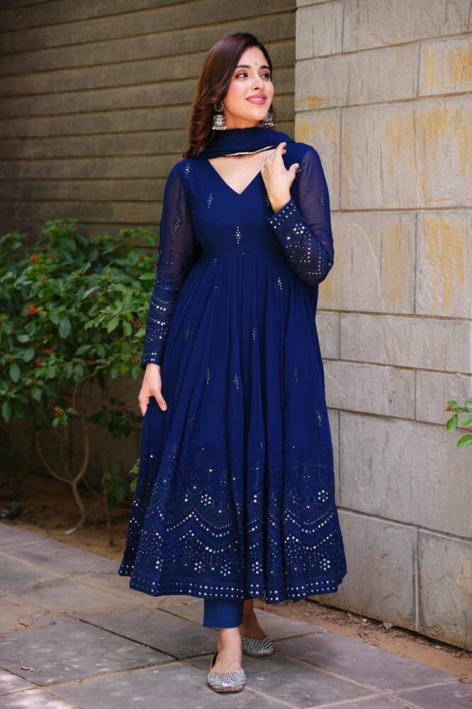 Glimmering Blue Color Sequence Thread Work Anarkali Gown