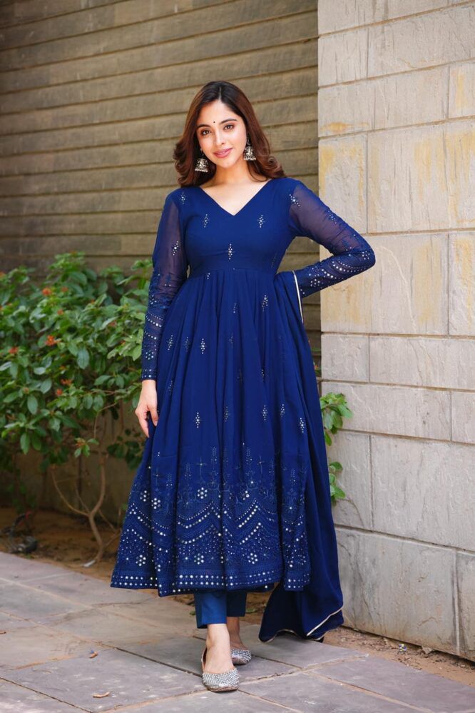 Glimmering Blue Color Sequence Thread Work Anarkali Gown
