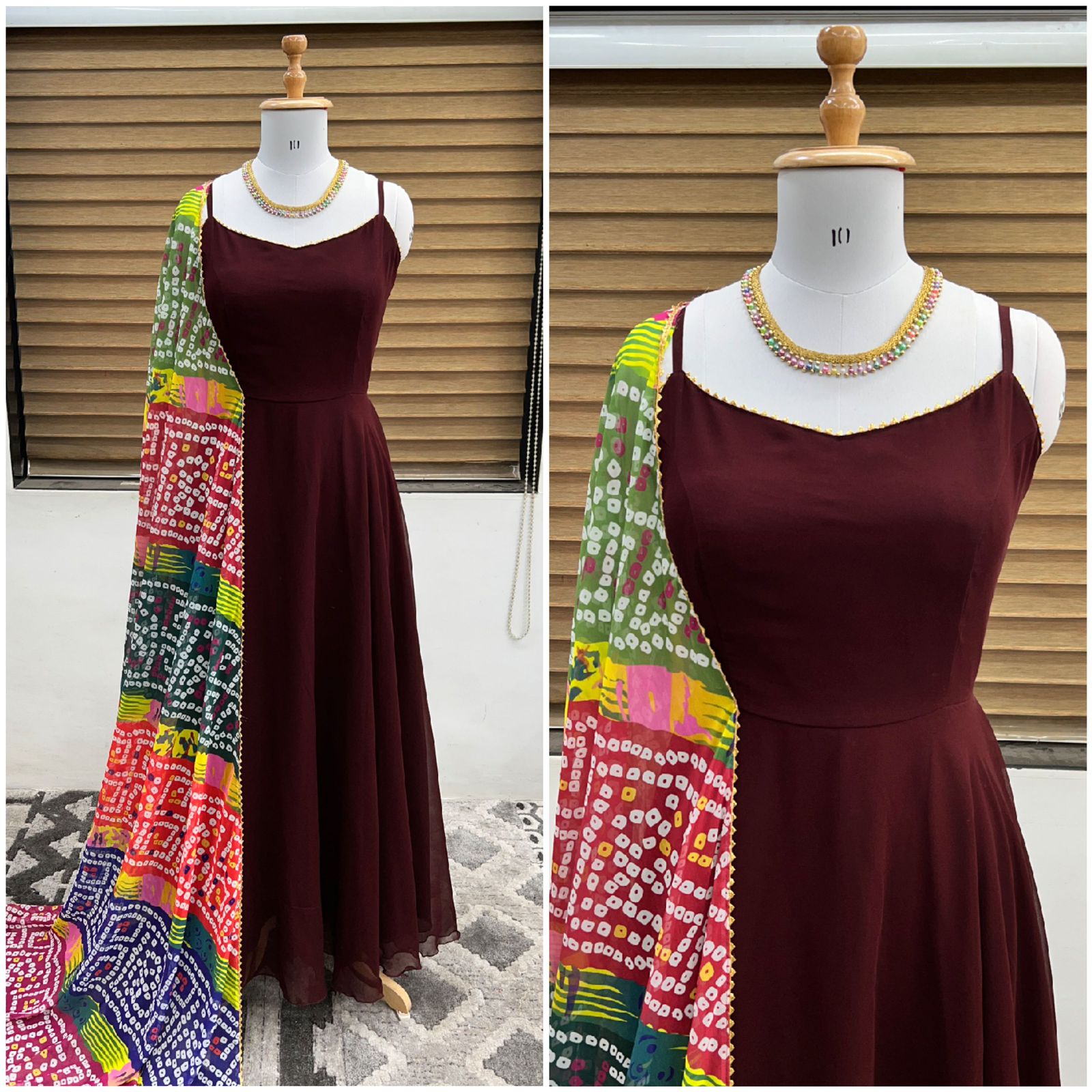 Plain Maroon Color Long Gown With Printed Dupatta