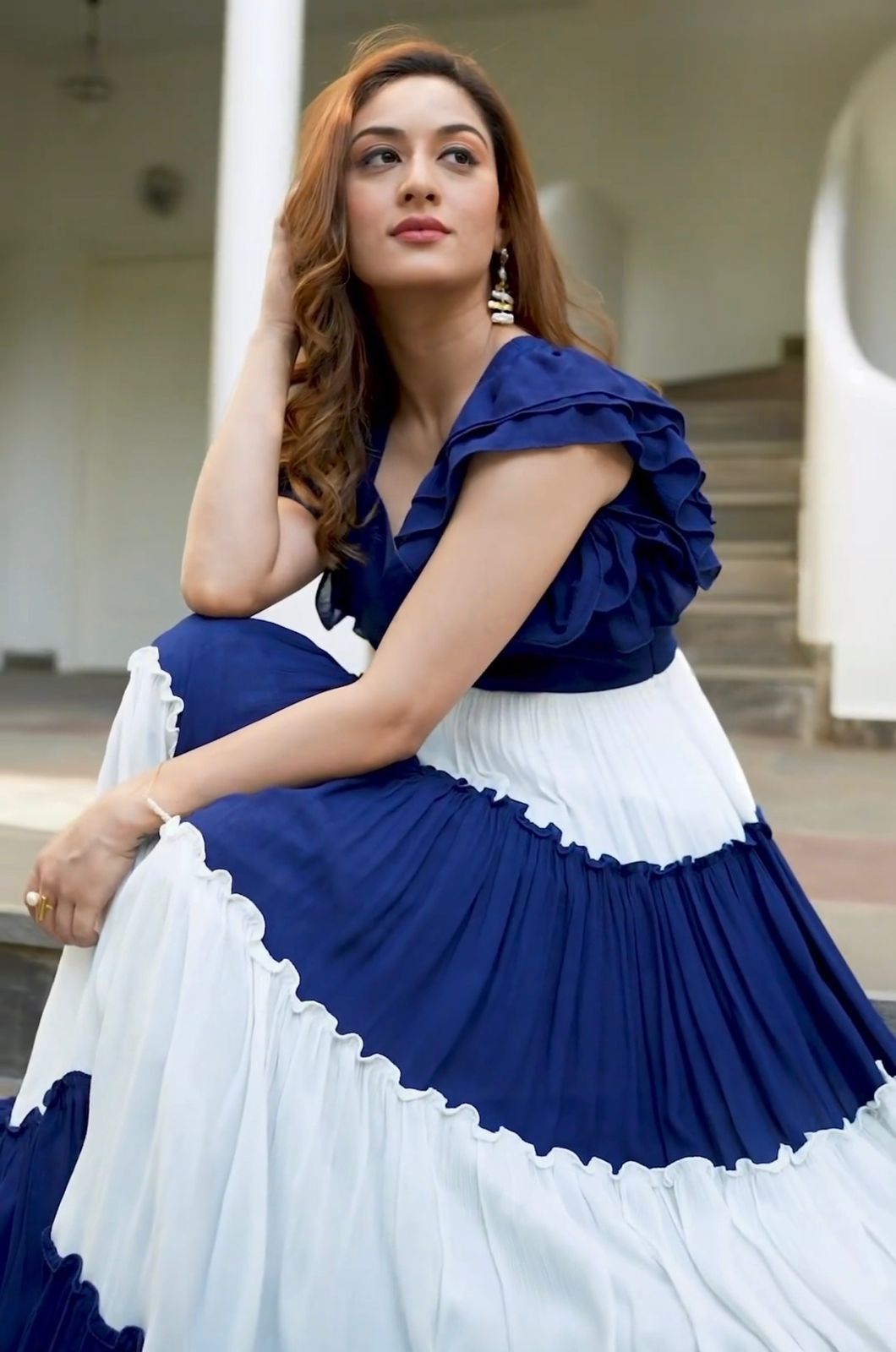 Flattering Ruffle Style Blue And White Gown