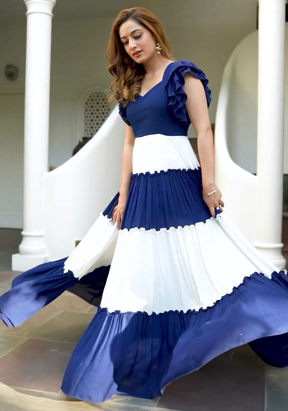 Flattering Ruffle Style Blue And White Gown