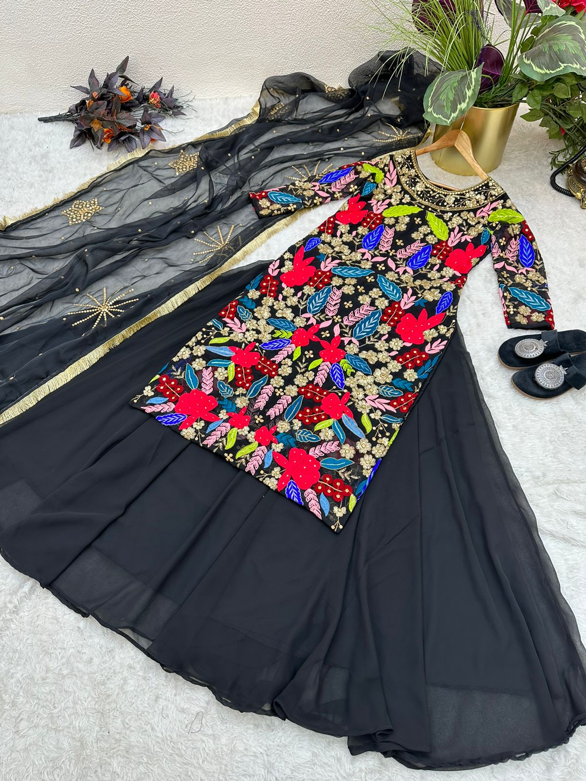 Heavy Embroidery Work Black Color Top With Lehenga