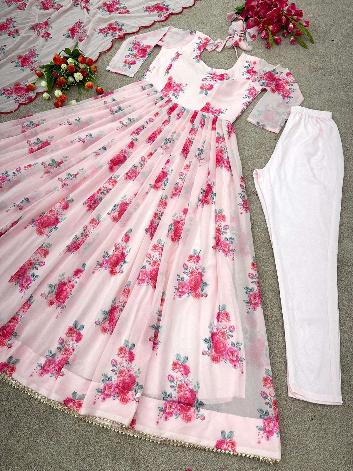 Flattering White Color Festive Gown With Pink Digital Print