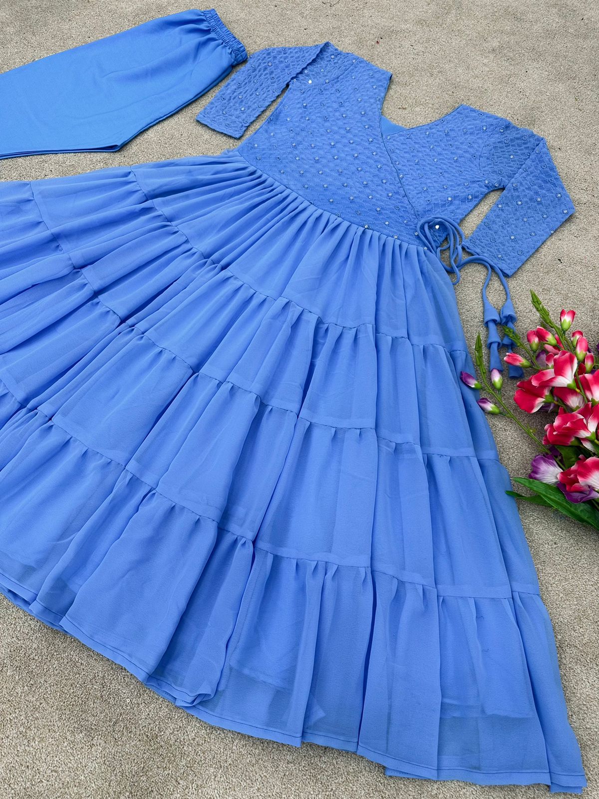 Kriti Sanon Style Sky Blue Color Ruffle Gown