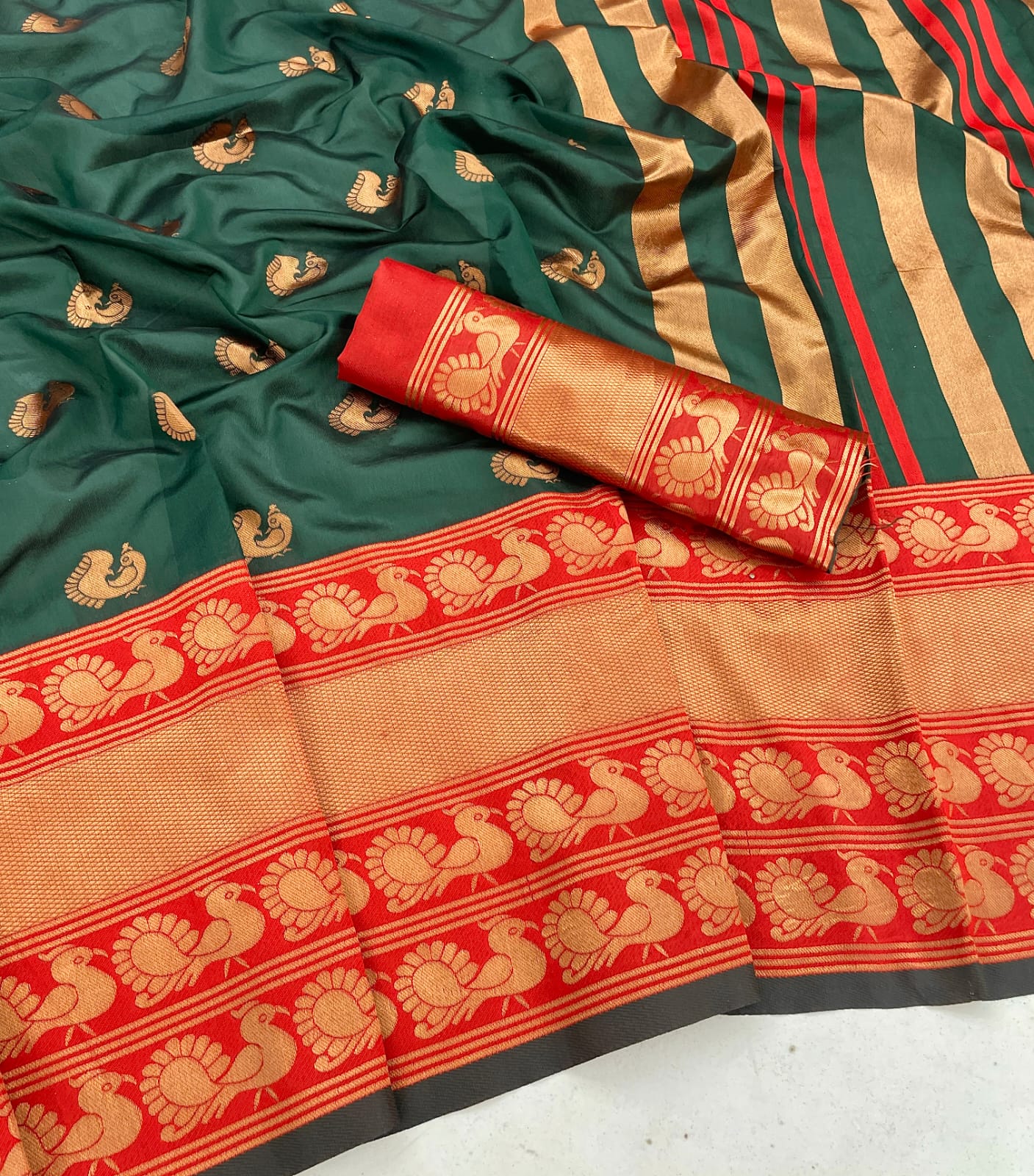 Wedding Wear Green With Red Color Golden Jari Design Saree