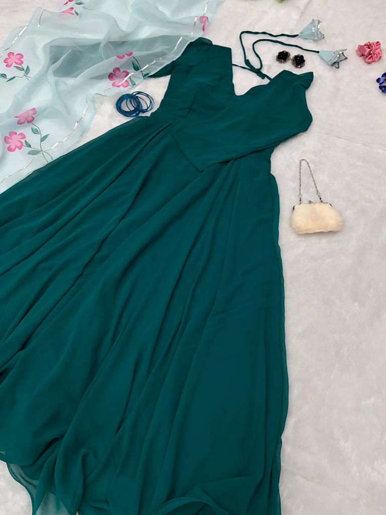 Bottle Green Color Plain Full Sleeve Anarkali Gown