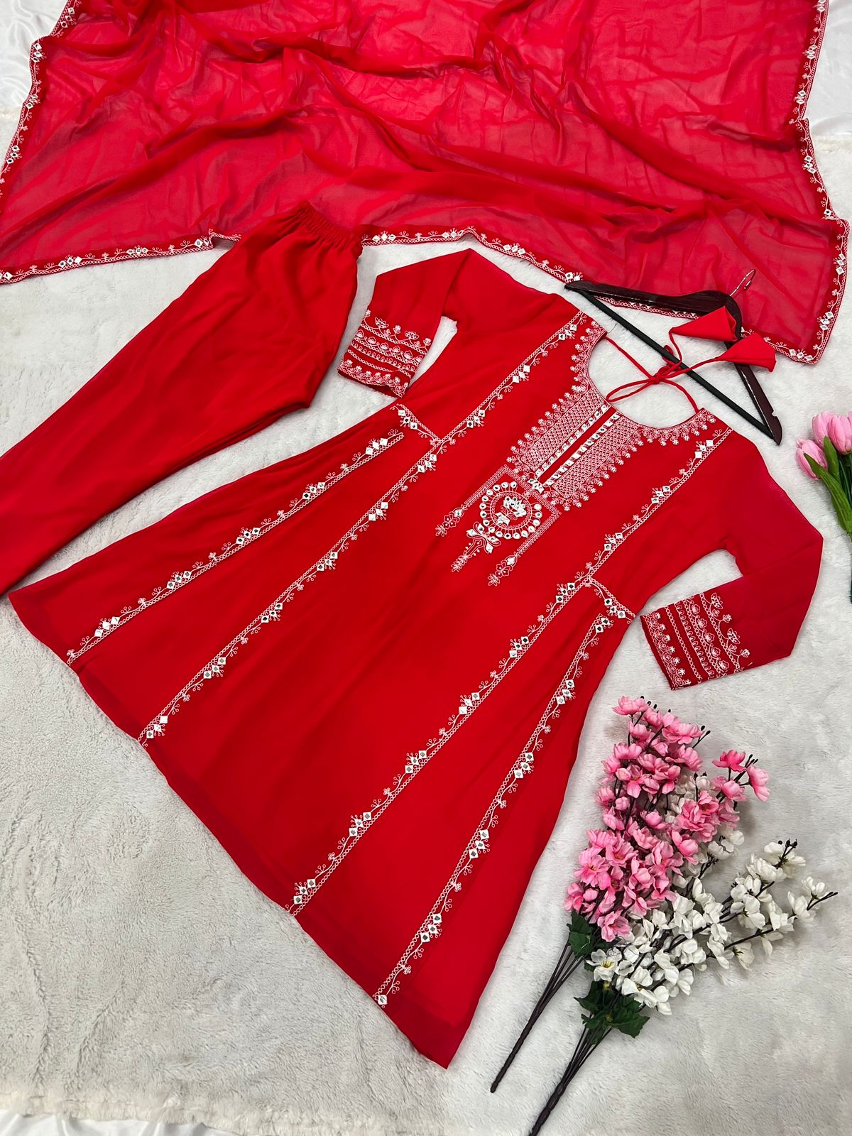 Unique Red Color Mirror Embroidery Work Salwar Suit