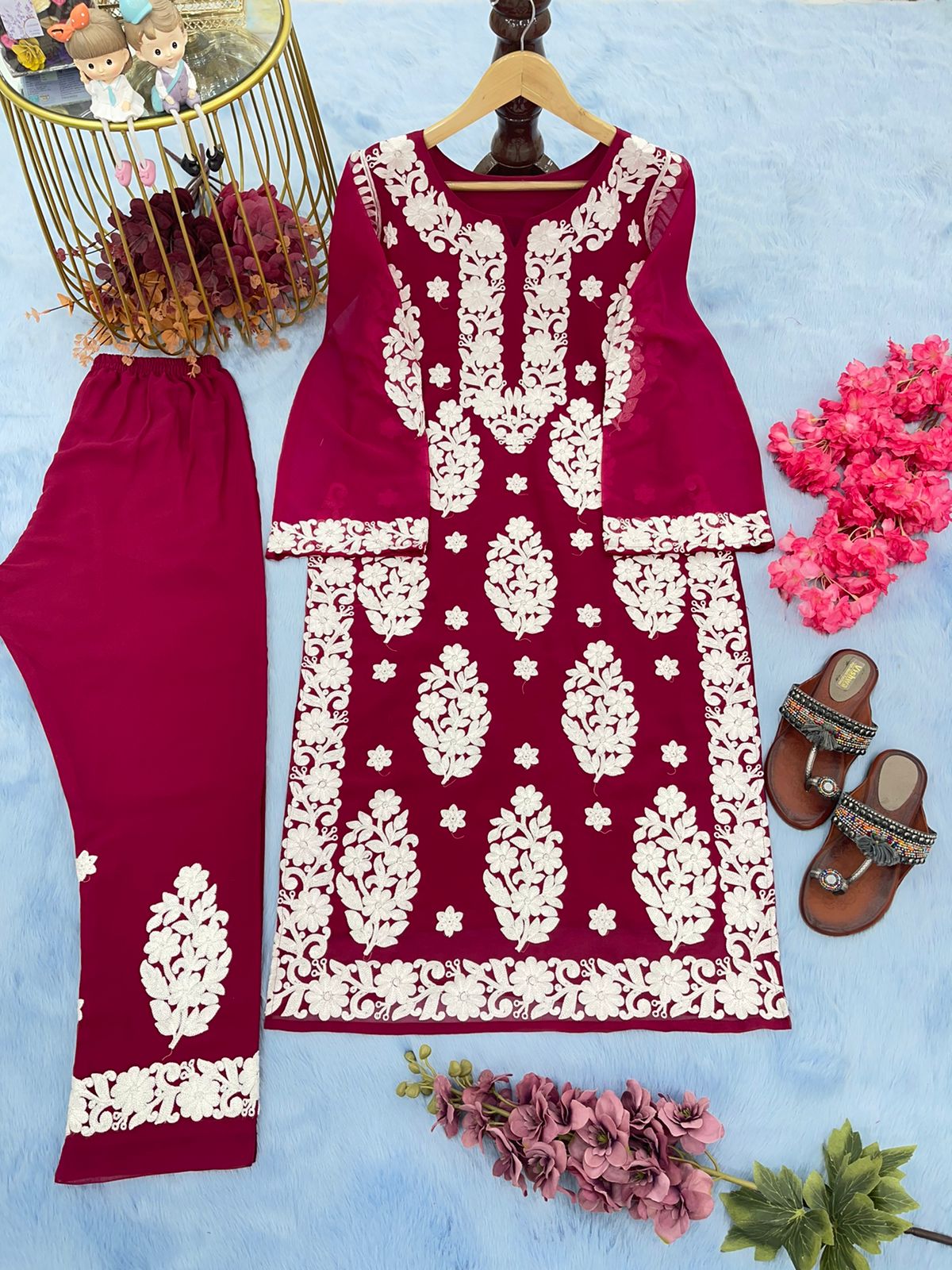 Thread Embroidery Work Dark Pink Color Salwar Suit