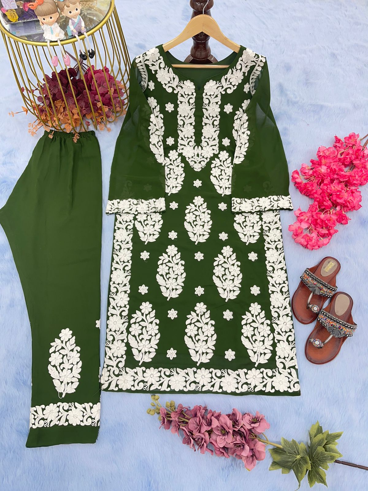 Thread Embroidery Work Mehendi Green Color Salwar Suit