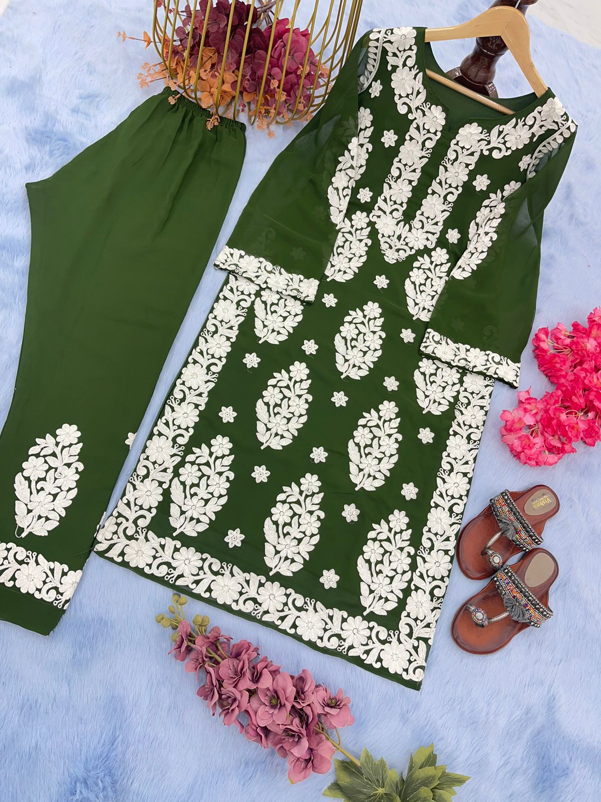 Thread Embroidery Work Mehendi Green Color Salwar Suit