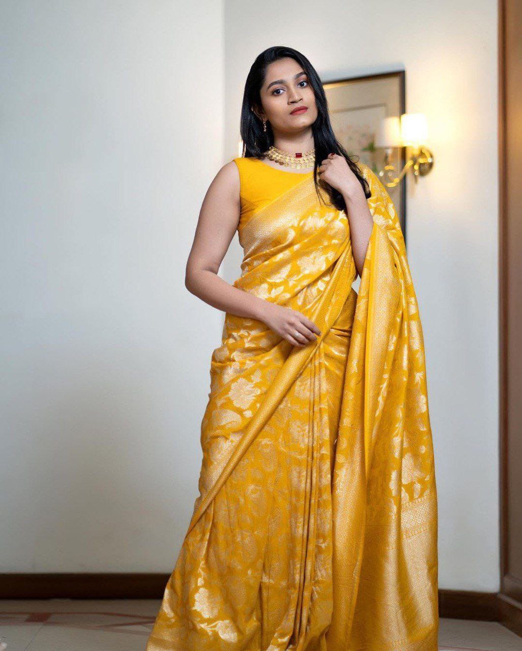Beautiful Rich Pallu Yellow Color Lichi Silk Saree