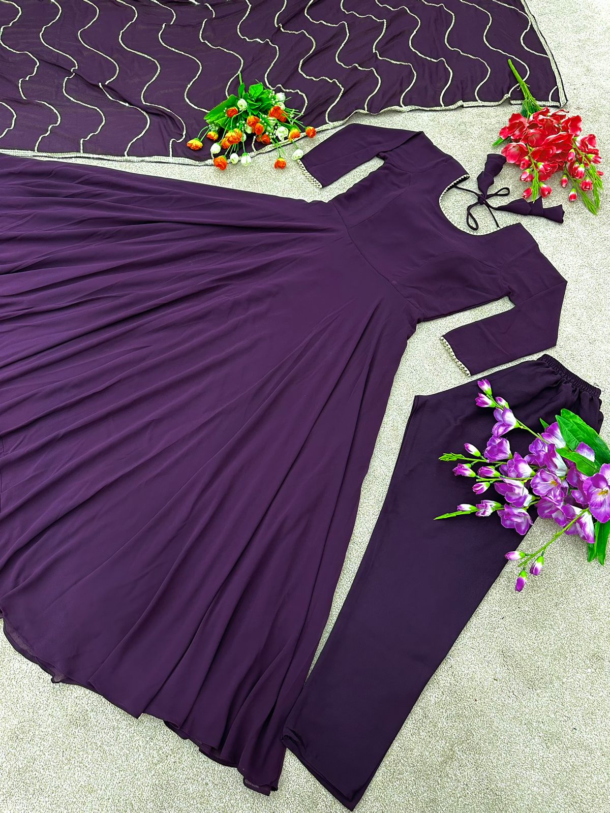 Wine Color Plain Gown With Beautiful Work Dupatta