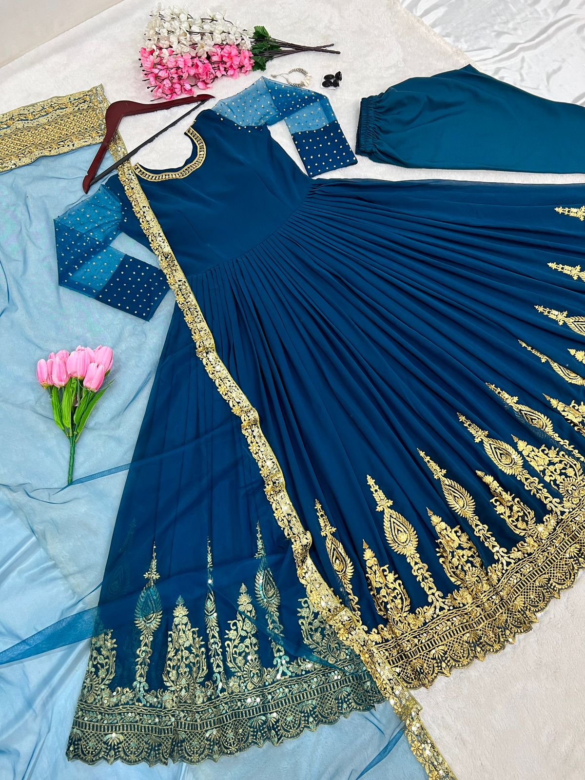 Function Wear Embroidery Sequence Work Blue Gown