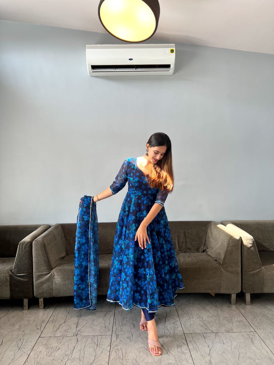 Stylish Digital Printed Blue Color Anarkali Gown