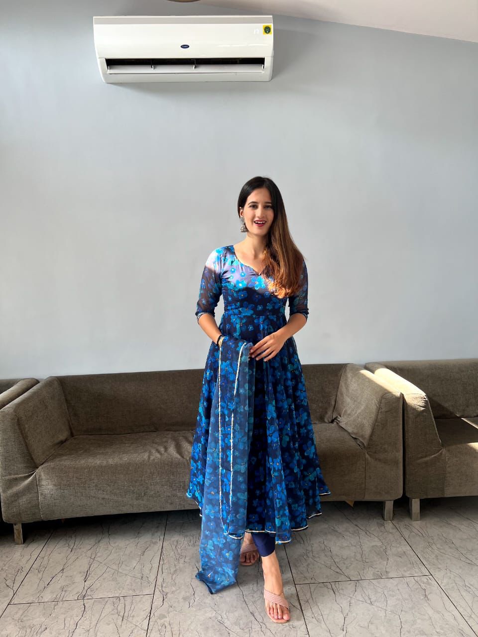 Stylish Digital Printed Blue Color Anarkali Gown