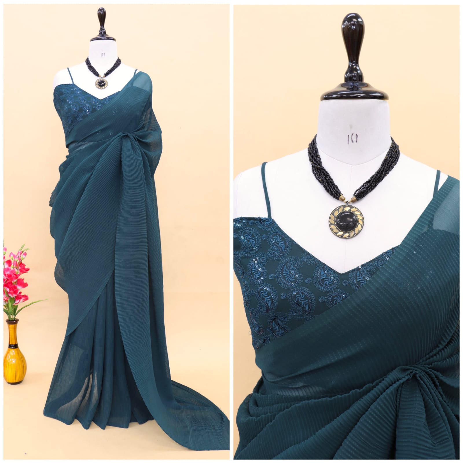 Plated Teal Blue Color Saree With Beautiful Work Blouse
