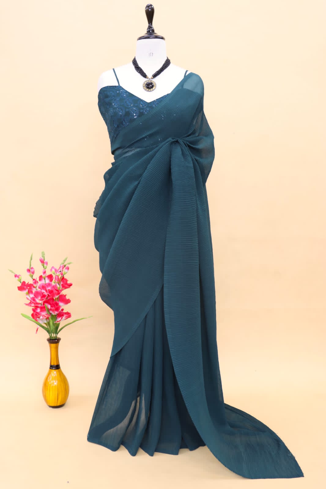 Plated Teal Blue Color Saree With Beautiful Work Blouse