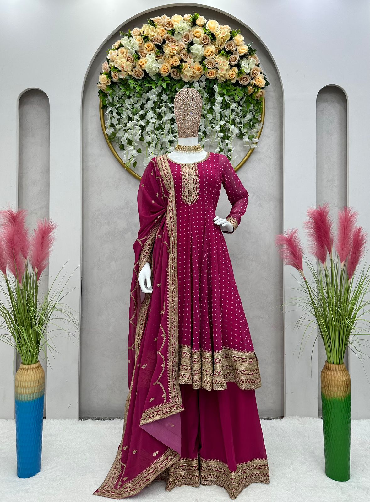 Coding Sequence Work Dark Pink Anarkali Suit With Palazzo