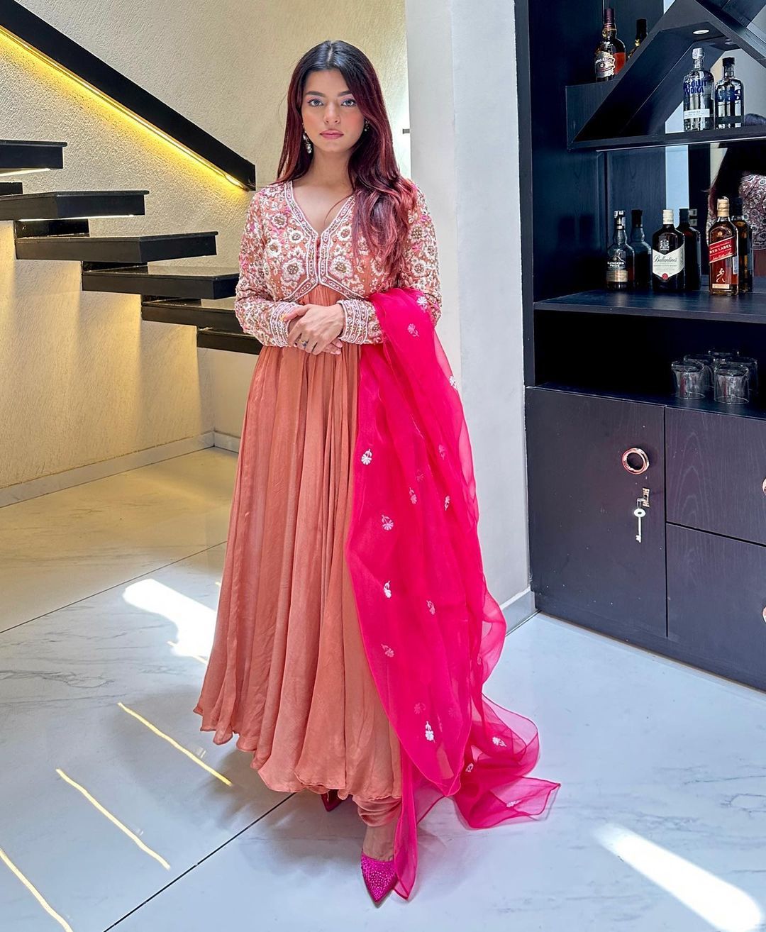 Marvelous Peach Color Gown With Pink Dupatta