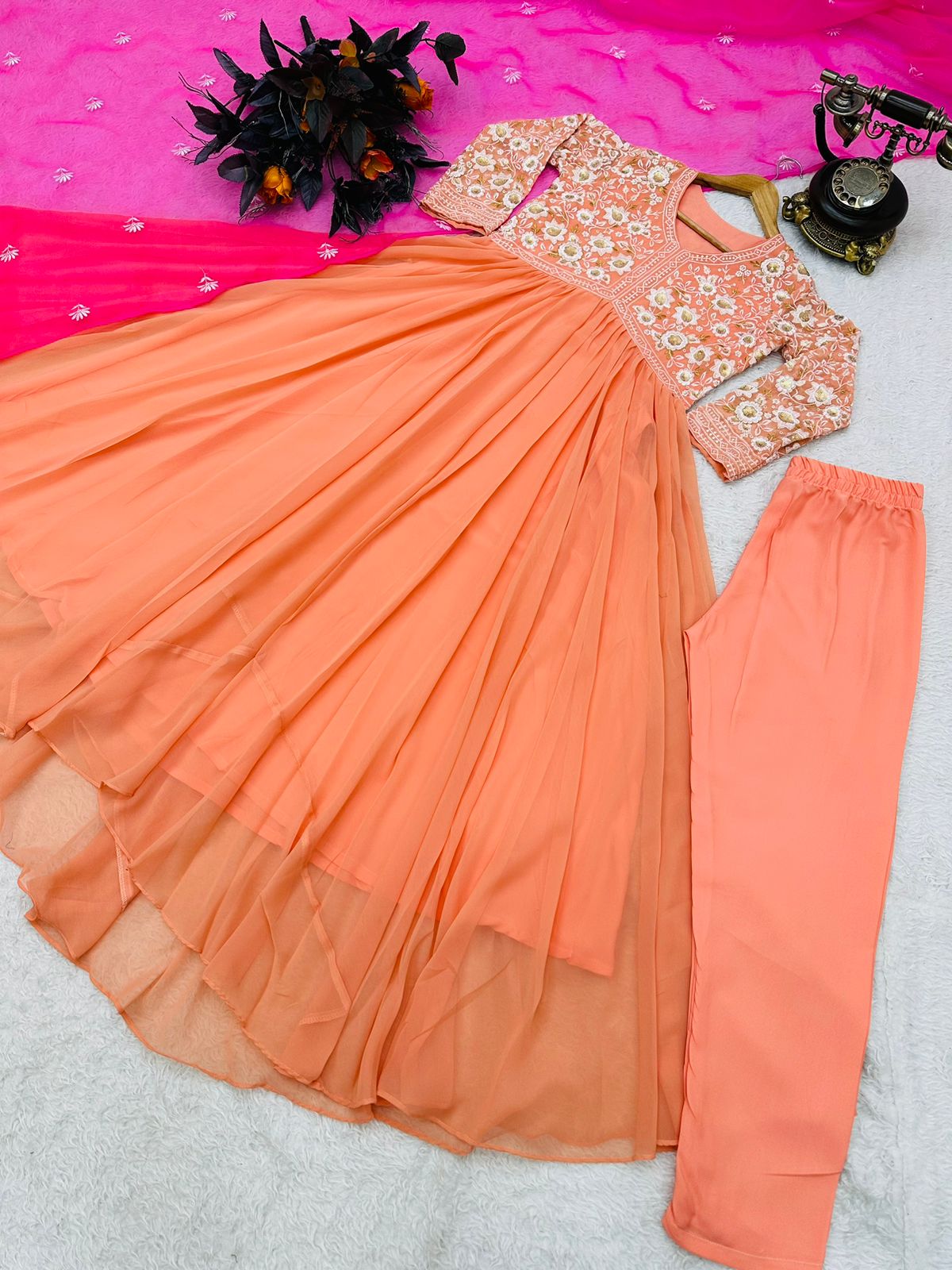 Marvelous Peach Color Gown With Pink Dupatta