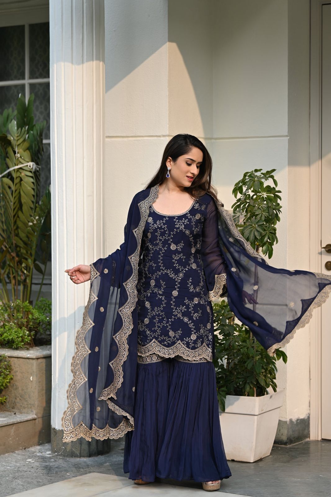 Delightful Embroidery Work Navy Blue Color Sharara Suit