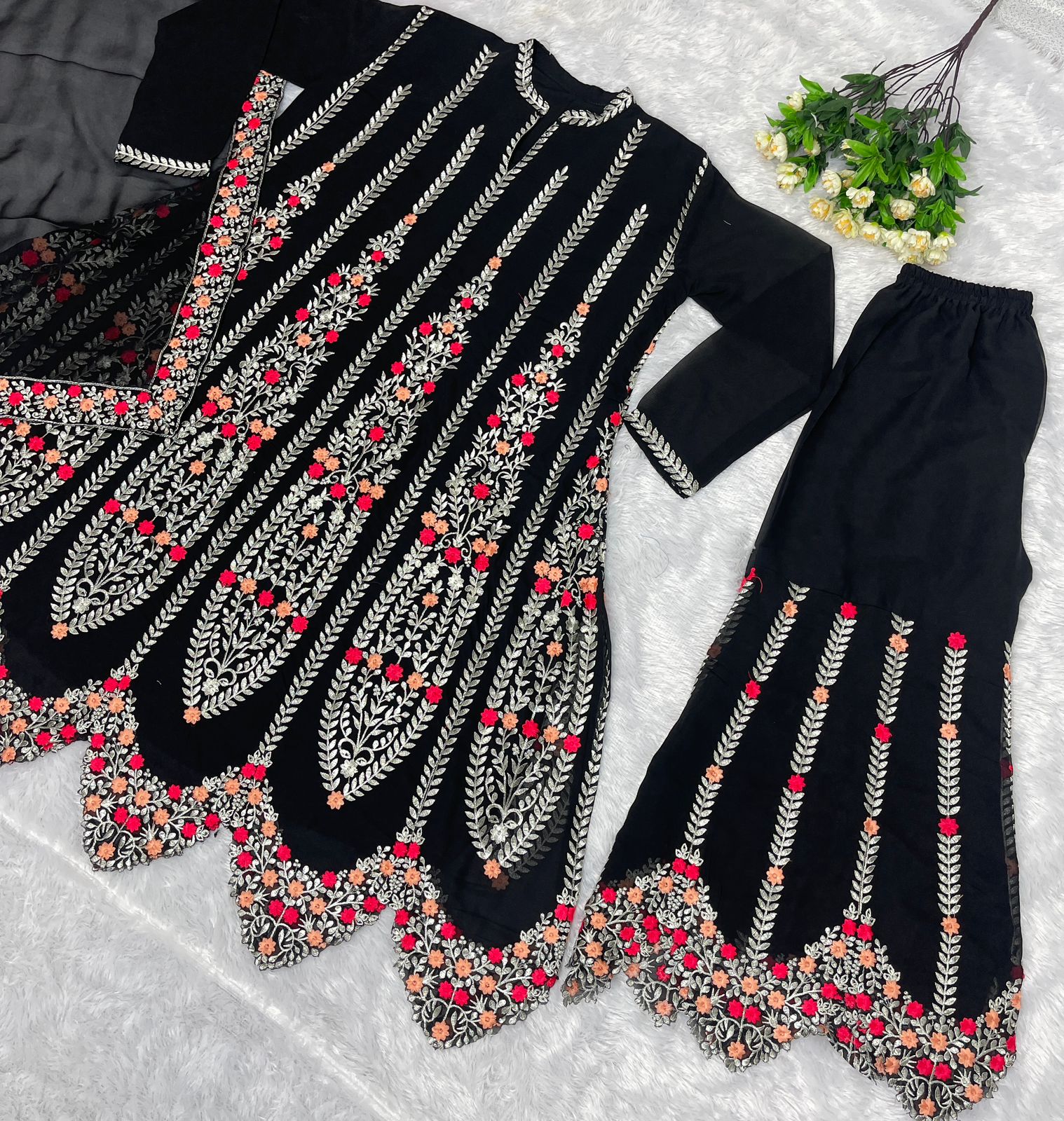 Fully Embroidered Cut Work Black Color Palazzo Suit