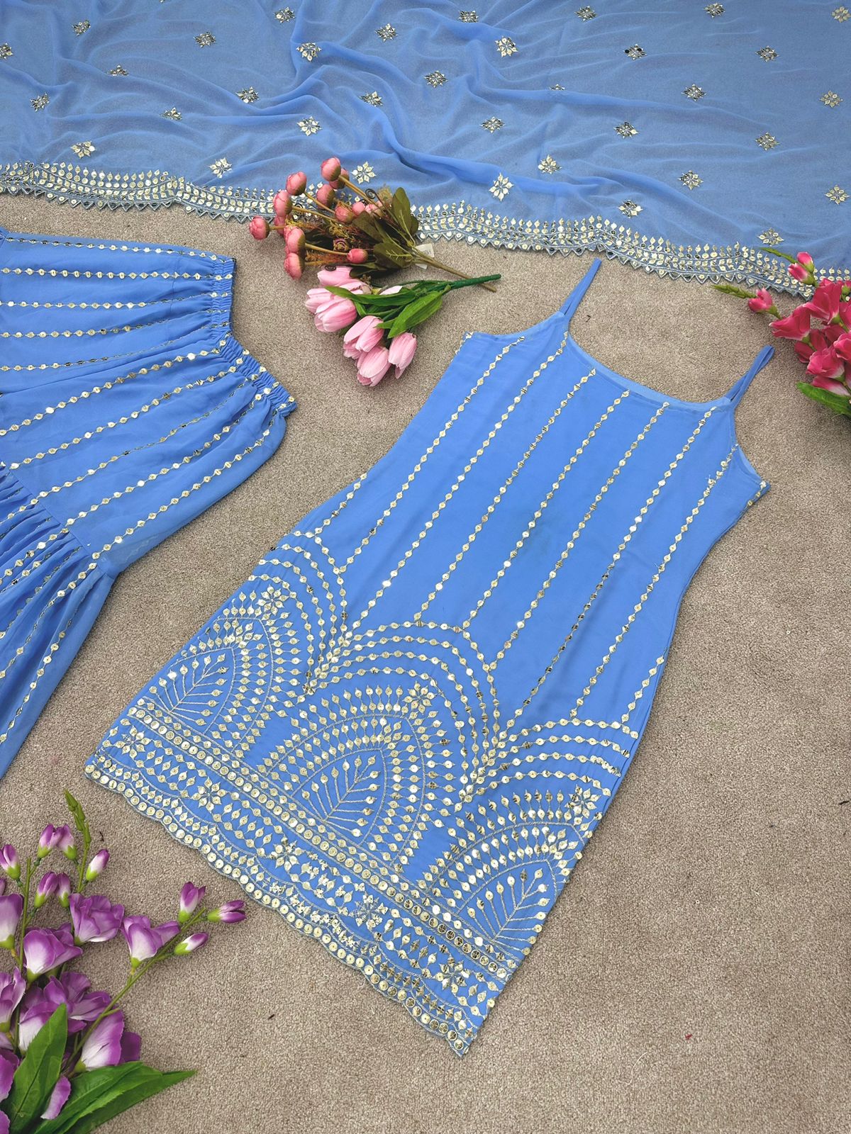 Stylish Sky Blue Color Sequence Embroidery Work Sharara Suit