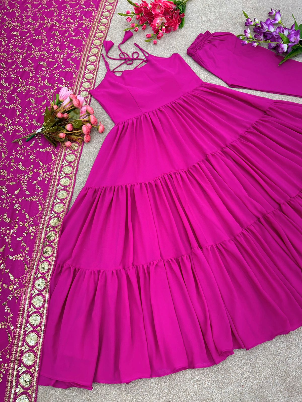 Ruffle Style Pink Color Long Gown With Embroidery Dupatta