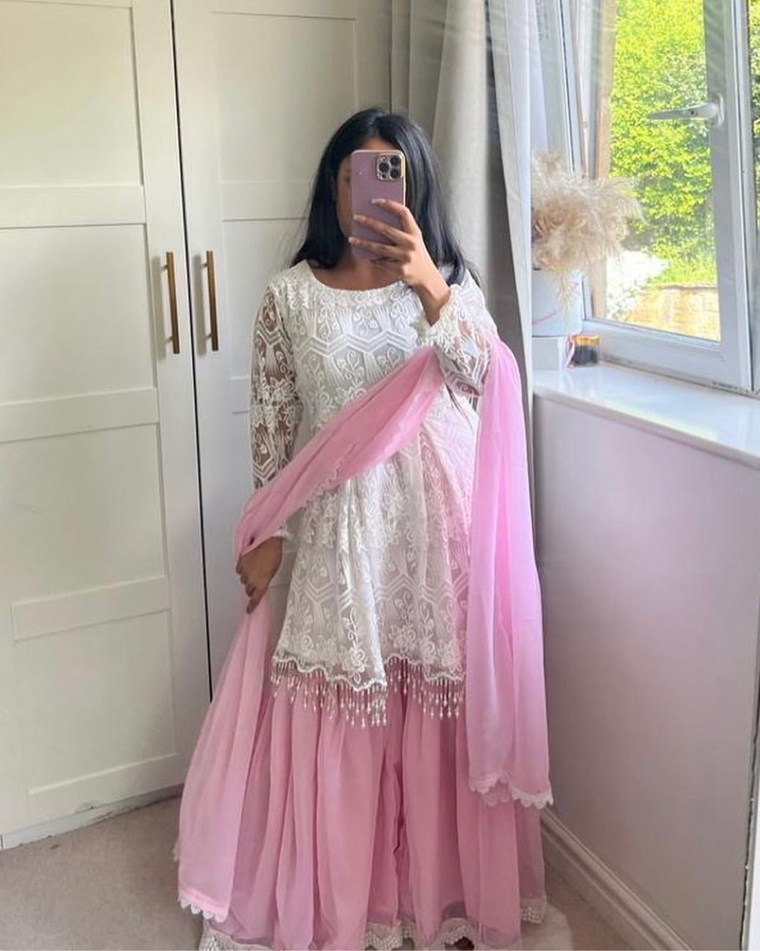 Cut Work Fancy Border White and Light Pink Palazzo Suit