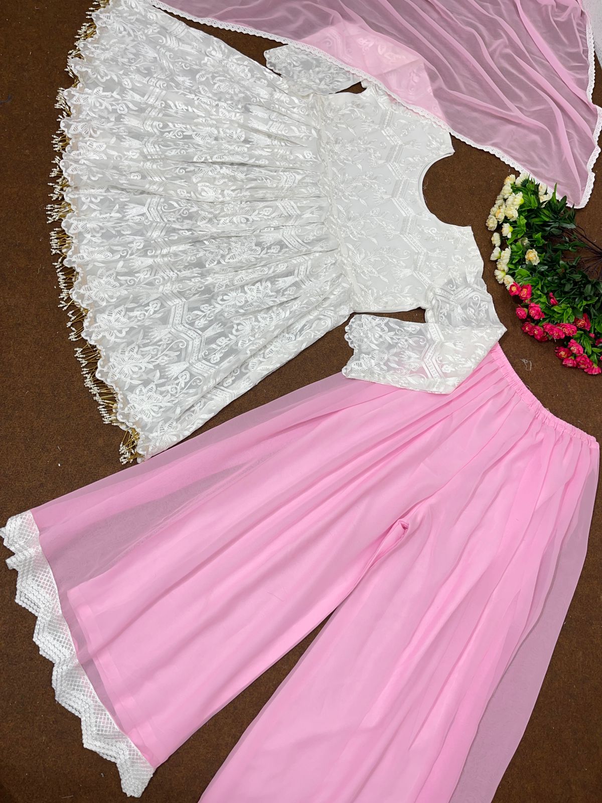 Cut Work Fancy Border White and Light Pink Palazzo Suit
