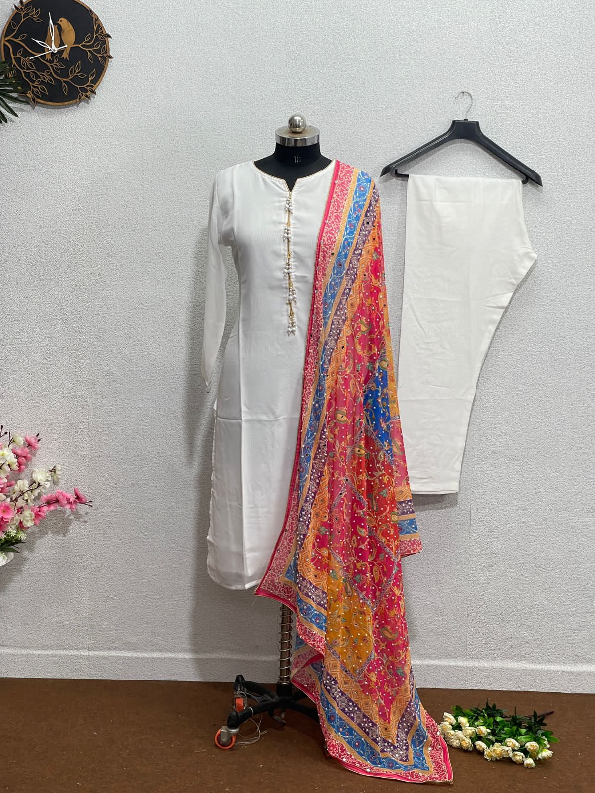 Glorious White Color Salwar Suit Multi Color Dupatta