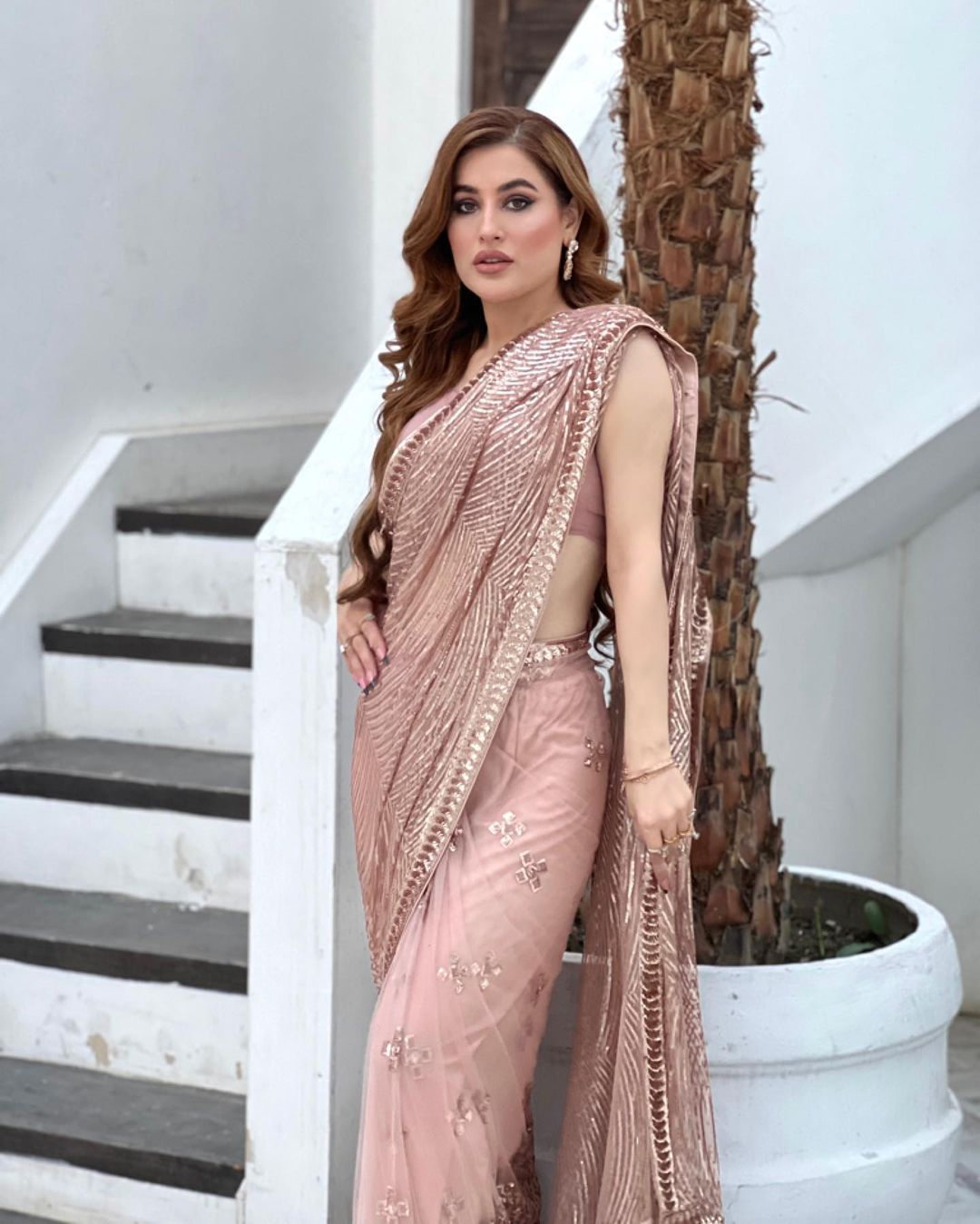 Embellished Sequence Work Peach Color Saree
