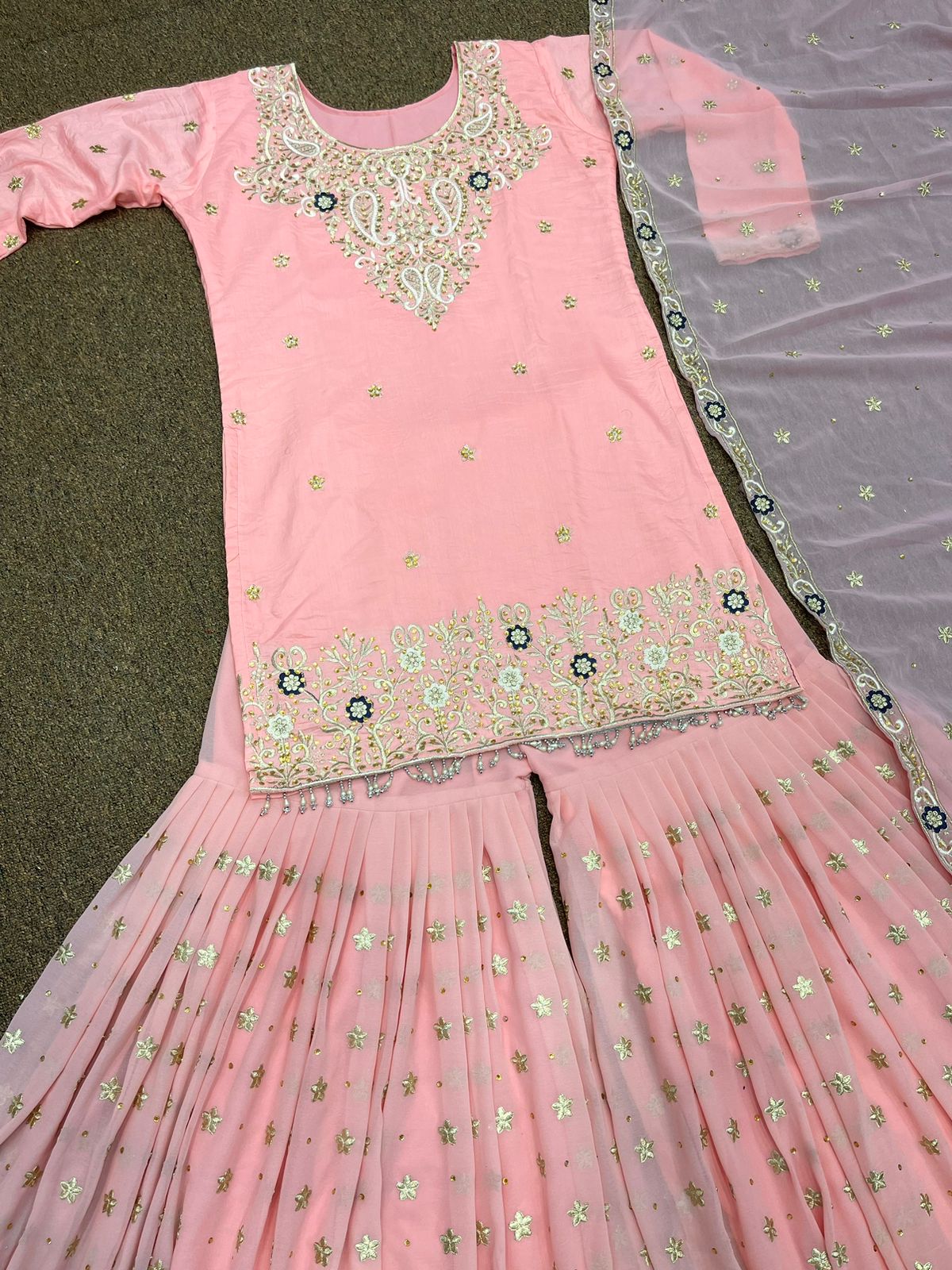 Stylish Peach Color Embroidery Work Sharara Suit