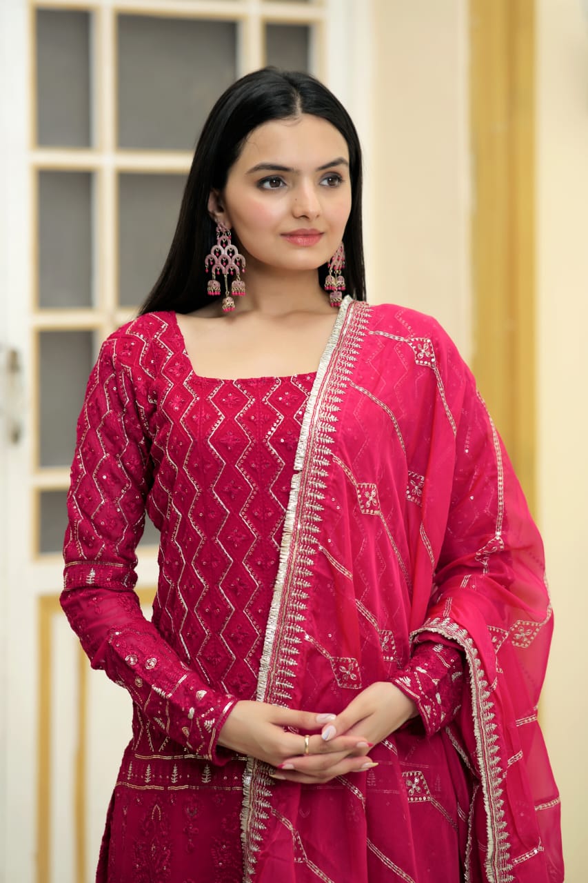 Outstanding Thread Work Pink Color Designer Sharara Suit