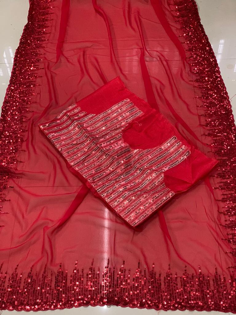 Glimmering Sequence Work Red Color Saree
