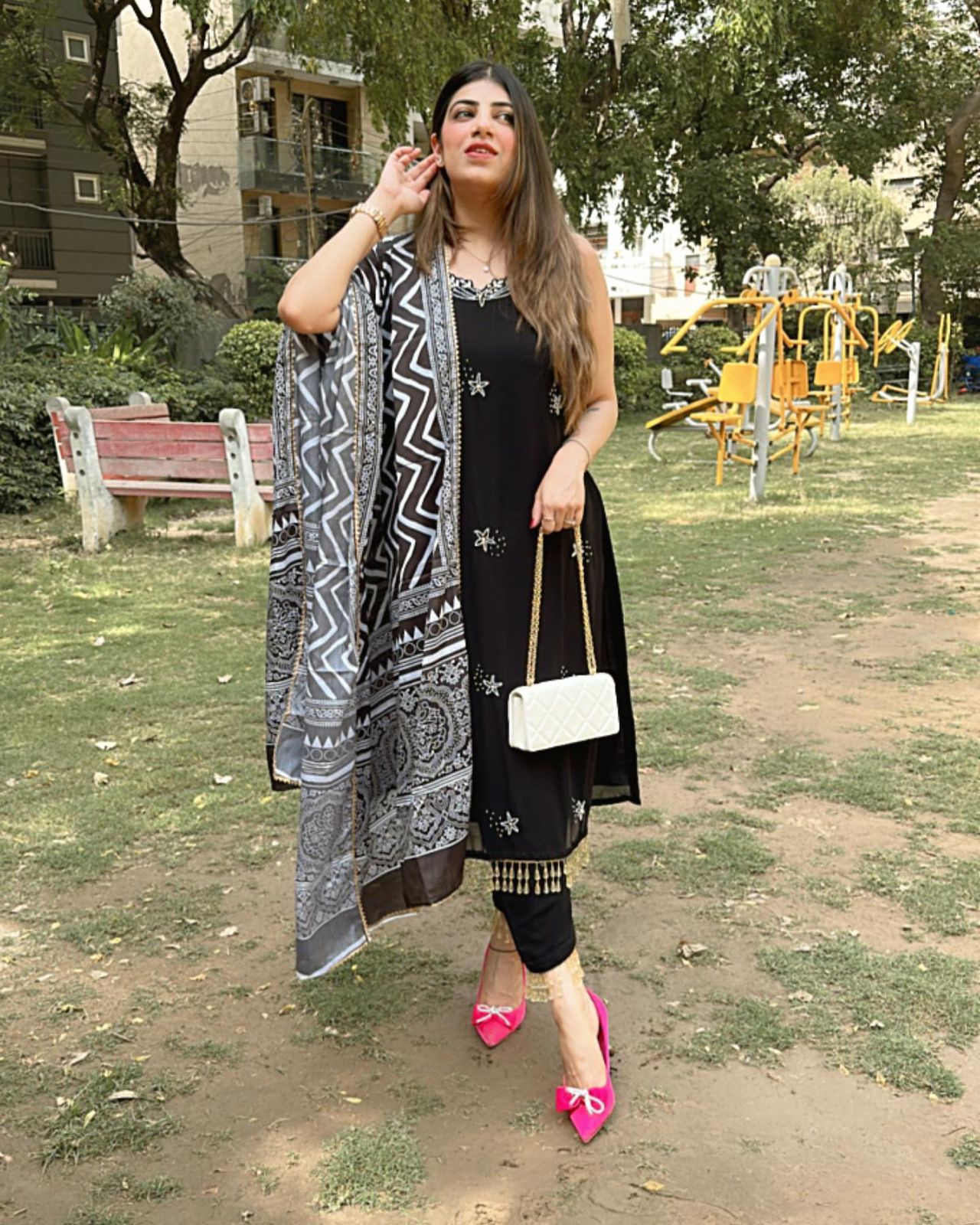 Trendy Black Color Handwork Kurti Pair With Dupatta