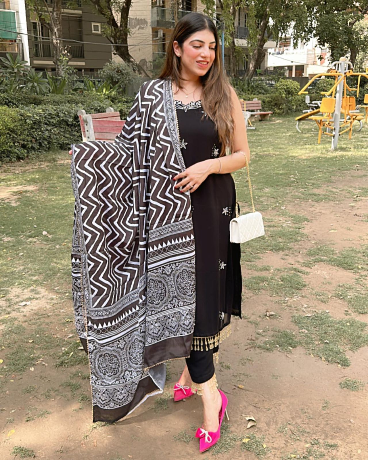 Trendy Black Color Handwork Kurti Pair With Dupatta