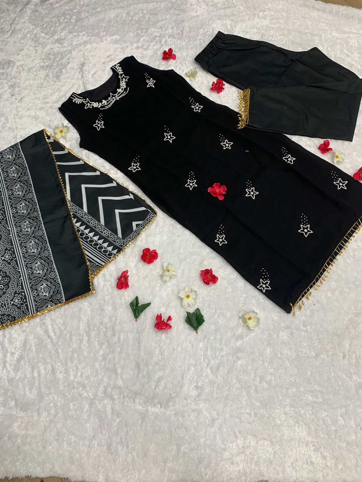 Trendy Black Color Handwork Kurti Pair With Dupatta