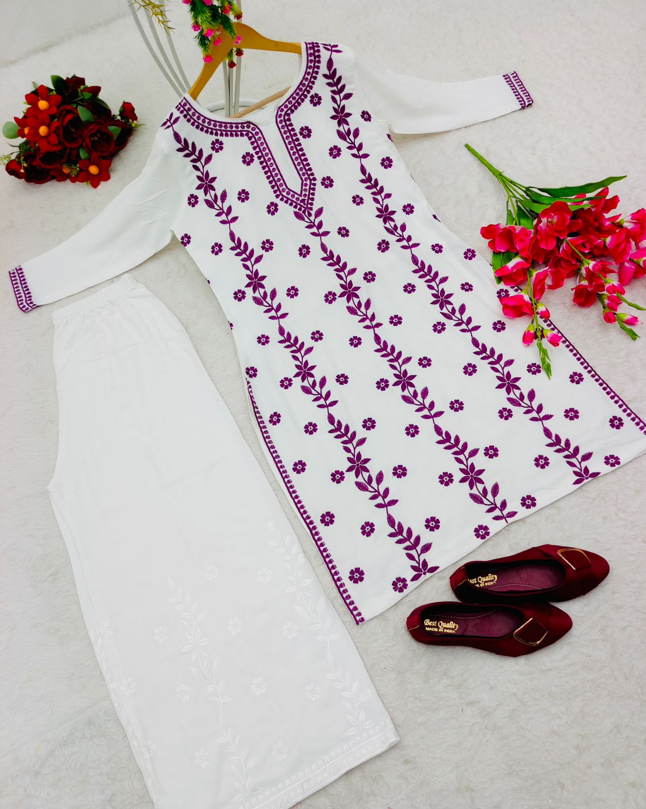 Purple Thread Work With White Color Palazzo Suit