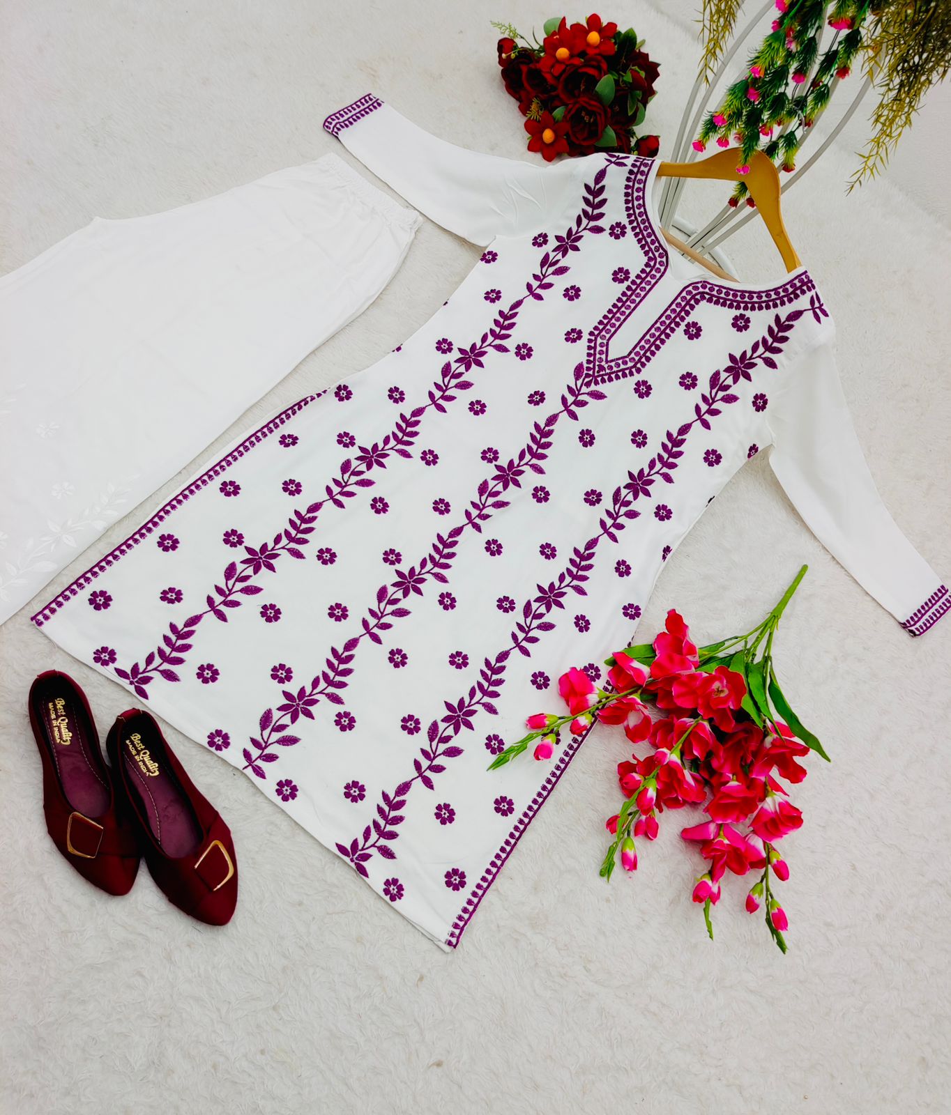Purple Thread Work With White Color Palazzo Suit