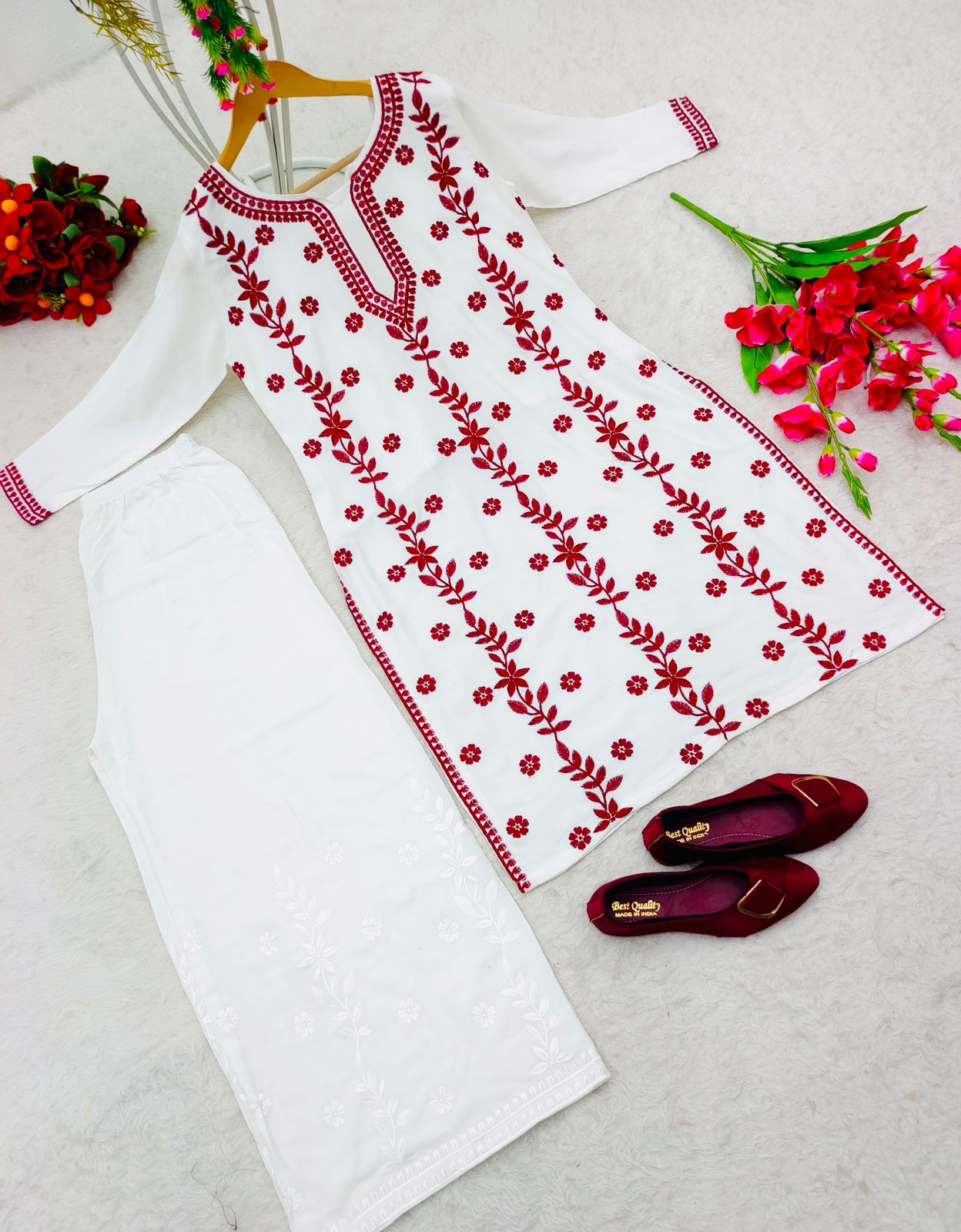 Red Thread Work With White Color Palazzo Suit