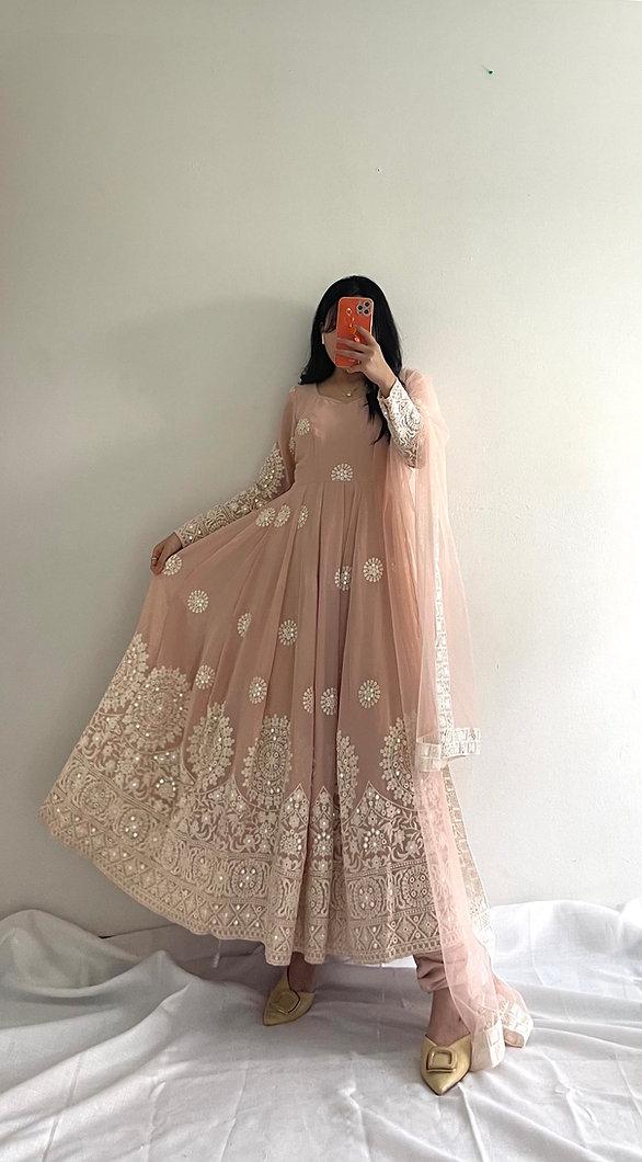 Classic Peach Color Embroidery Work Anarkali Gown