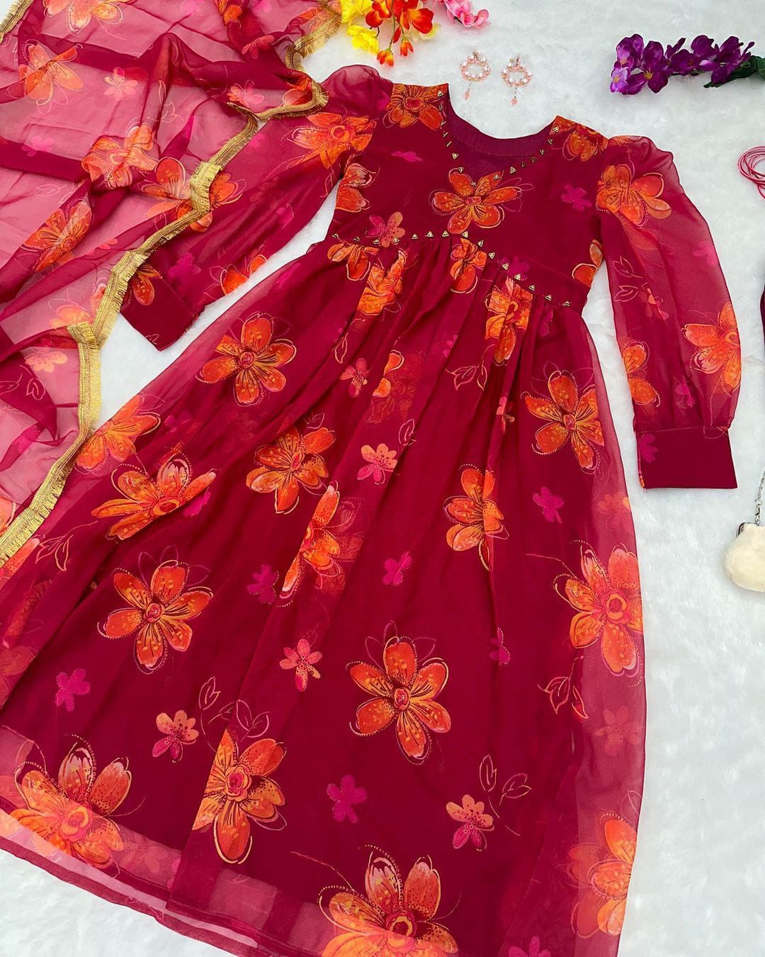 Alia Cut Kurti Design Maroon Color Printed Gown