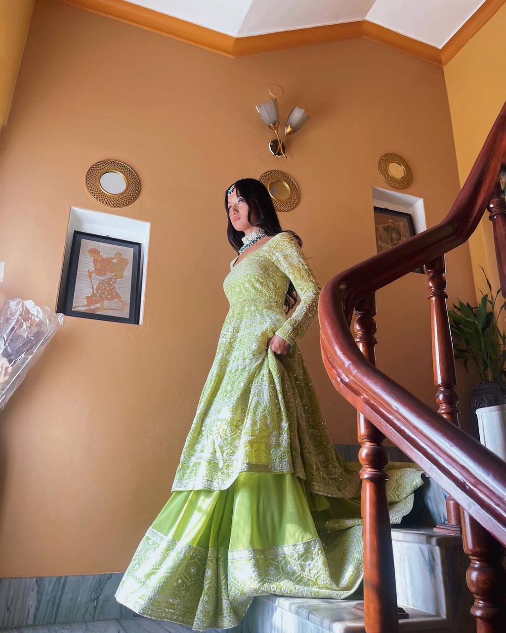 Opulent Pista Green Thread Embroidered Work Top With Lehenga